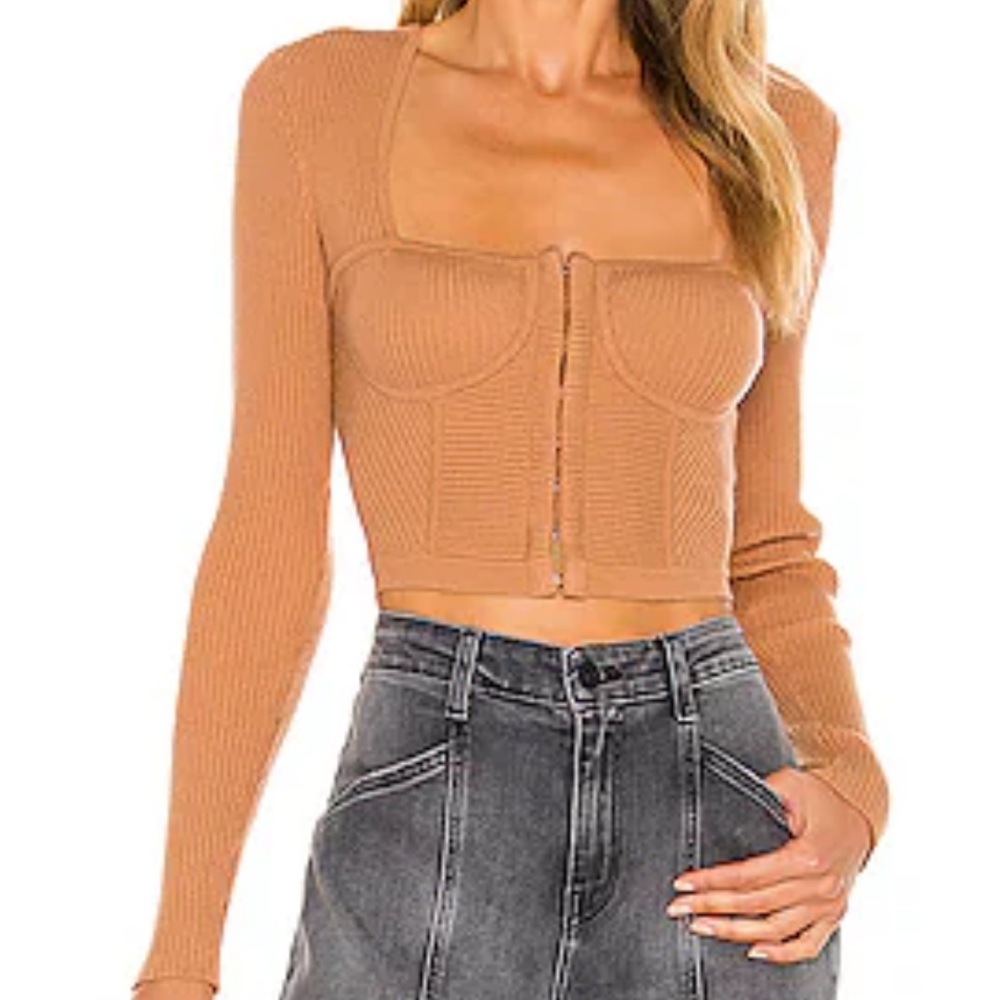 Jonathan Simkhai Ellee Bustier Tan Long Sleeve Crop Top Size Small